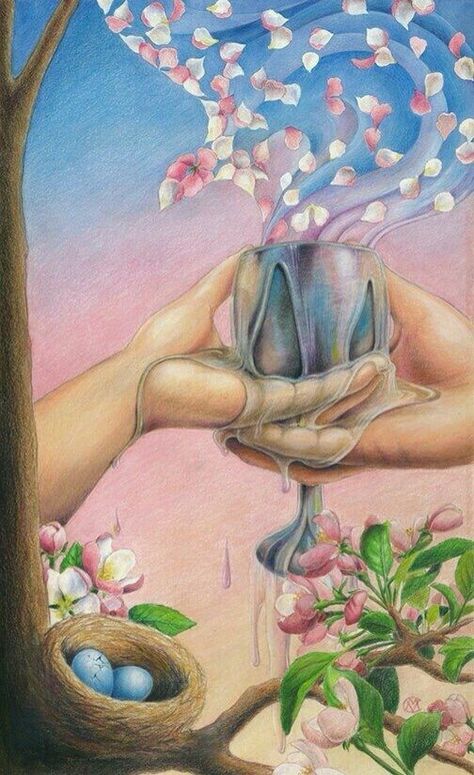 Ostara Overflowing Cup, The Ace Of Cups, Eggs In A Nest, Two Hands Holding, Tarot Cups, Ace Of Cups, Nest Art, Vernal Equinox, Apple Blossoms