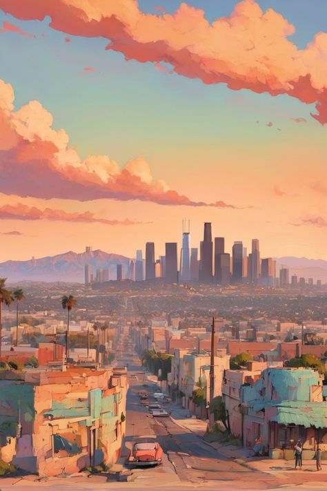 A scenic view of Los Angeles 0 Los Angeles Illustration Art, Los Angeles Illustration, Los Angeles Cityscape, Los Angeles City, Scenic Views, Social Media Graphics, Media, Angel, Social Media