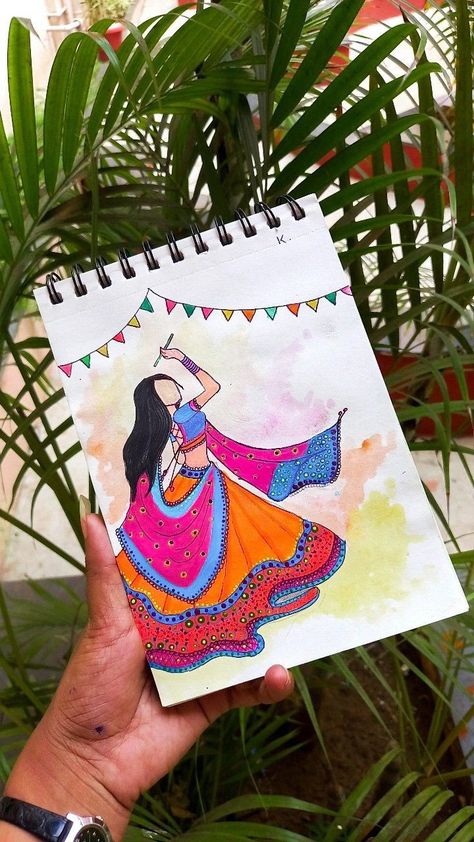 Garba Drawing Easy, Navratri Drawing Painting, Gujarati Drawing, Navratri Diy Craft, Drawing Ideas For Navratri, Drawing On Navratri, Navratri Drawing Ideas Mandala, Navratri Sketch Drawing, Dandiya Painting