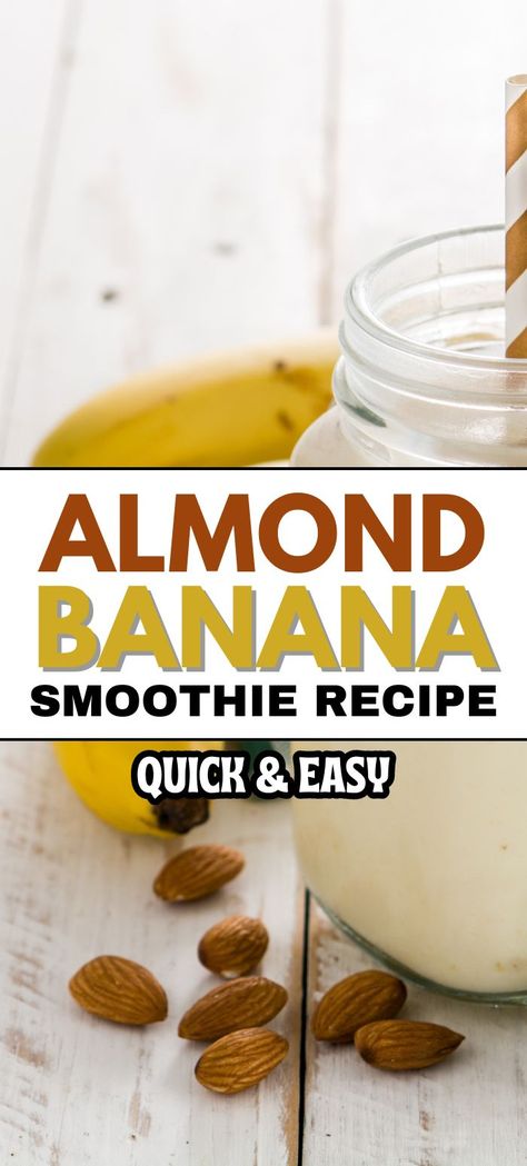 A tall glass of creamy almond banana smoothie topped with fresh banana slices and a sprinkle of crushed almonds, sitting next to a bunch of ripe bananas and a small bowl of almonds on a wooden kitchen counter. Banana Smoothie Recipe Easy, Banana Almond Smoothie, Almond Milk Smoothie Recipes, Fiber Smoothie, Veggie Spring Rolls, Almond Smoothie, Smoothies With Almond Milk, Banana Smoothie Recipe, Cinnamon Banana