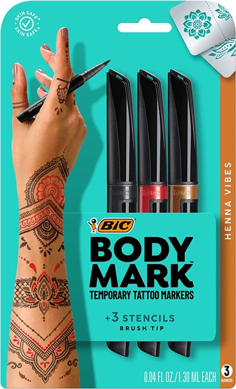 Temporary Tattoo Markers for Skin (MTBP31HN-AST), Henna Vibes, Flexible Brush Tip, 3-Count Pack of Assorted Colors, Skin-Safe*, Cosmetic Quality Fake Tattoos For Kids, Tattoo Markers, Temporary Tatoo, Homemade Tattoos, Stencils For Kids, Mark Tattoo, Temporary Tattoo Sleeves, Free Stencils, Large Tattoos