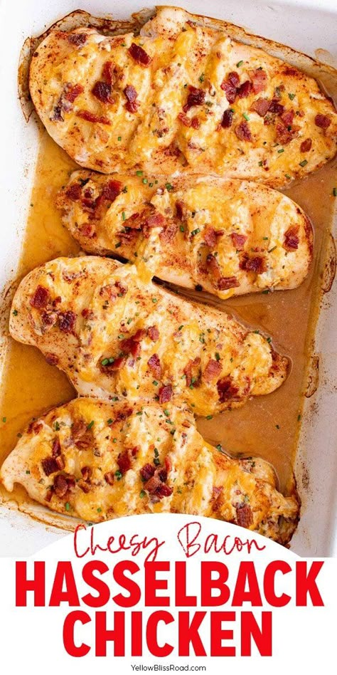 Cheesy Bacon Chicken, Chicken Breast With Bacon, Chicken Breast Stuffed, Hasselback Chicken, Alfredo Bake, Baked Items, Cheese Stuffed Chicken Breast, Chicken Breast Recipes Baked, Cheese Stuffed Chicken