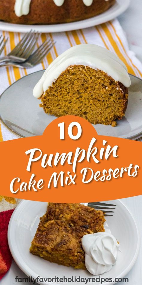 If you need an easy pumpkin dessert this fall, try one of these recipes that uses cake mix! Pumpkin And Cake Mix Recipes, Best Pumpkin Desserts, Pumpkin Cake Mix Muffins, Pumpkin Cake Mix, Pumpkin Dessert Recipes, Pumpkin Cake Easy, Thanksgiving Goodies, Pumpkin Pound Cake, Cake Mix Recipe