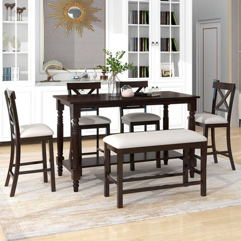 The 6-piece counter height dining set consists of a table, four chairs and a bench. The multifunctional table is designed to fit in any space, and its classic, elegant design creates timeless appeal. Counter Height Dining Table Set, Dining Furniture Sets, Dining Room Table Set, Counter Height Dining Table, Set Table, Kitchen Table Settings, Counter Height Dining Sets, Dining Table Set, Dining Room Bar