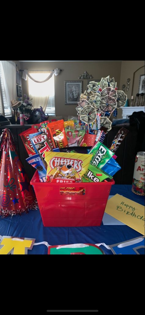 Blue Basket For Color Party, Snack Bucket Ideas, Color Party Basket Ideas Blue, Snack Bucket Gift, Blue Color Snack Basket, Candy Bucket Ideas Gift Baskets, Snack Bucket, Bucket Ideas, Candy Bucket