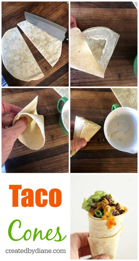 Tortilla Cones, Taco Cones, Pizza Cone Recipe, Taco Beef, Waffle Cone Recipe, Cone Dessert, Apples And Cheese, Taco Stuffed Shells, Finger Food Appetizers