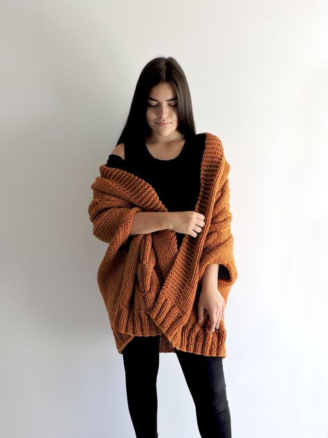 "Burnt Orange Knit Cardigan, Hand Knitted Cardigan, Oversized Cardigan XS to 2XL / Women knit coat / 16 colors to choose from / Wool oversized sweater in burnt orange / Cable knit / Here shown in Burnt Orange, Terracotta, Burgundy, Ochre and Dark Beige. Measurements: XS (US 0-2; UK 4-6; EU 32-34) bust - 82 cm ( 32.2\" ) hip - 88 cm ( 34.6\" ) S (US 4-6; UK 8-10; EU 34-36) bust - 88 cm ( 34.6\" ) hip - 94 cm ( 37\" ) M (US 8-10; UK 12-14; EU 38-40) bust - 94 cm ( 37\" ) hip - 100 cm ( 39\" ) L (U Orange Cardigan Outfit, Burnt Orange Fashion, Burnt Orange Cardigan, Orange Pullover, Fall Sweaters For Women, Loose Knit Cardigan, Cable Knit Sweater Womens, Orange Knit, Downtown Outfits