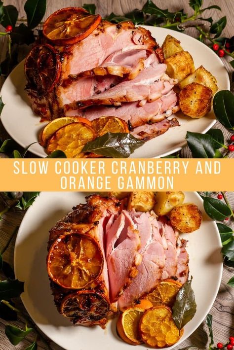 A perfect Christmas ham recipe, slow cooker cranberry and orange gammon is an amazing combination you'll want to cook again and again. Perfect for entertaining a crowd, or for scoffing yourself whenever you feel like it! Christmas Gammon Recipes, Christmas Gammon, Slow Cooker Gammon, Christmas Ham Recipes, Gammon Recipes, Slow Cooker Christmas, Slow Cooker Ham, Christmas Buffet, Christmas Ham