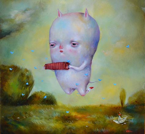 Sunday Morning in Tralalandia |  Dilka Bear Dilka Bear, Surealism Art, Wooden Panel, Surrealism Painting, Weird Creatures, Pop Surrealism, Italian Artist, Moon Child, Surreal Art