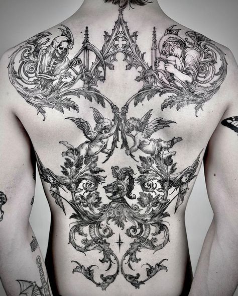 Cathedral Tattoo, Baroque Tattoo, Gotik Tattoo, Backpiece Tattoo, Woodcut Tattoo, Shin Tattoo, Engraving Tattoo, Back Piece Tattoo, Creepy Tattoos