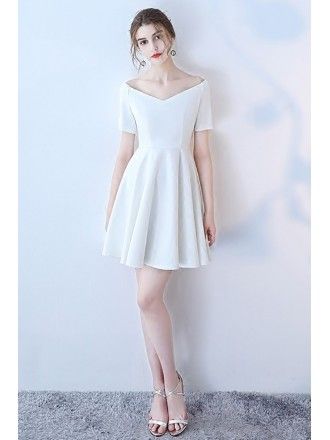 White Off Shoulder Simple Short Homecoming Dress with Sleeves Homecoming Dress With Sleeves, Simple Cocktail Dress, Trendy Cocktail Dresses, Grad Dresses Short, White Homecoming Dresses, Formal Occasion Dress, Long Formal Gowns, Long Cocktail Dress, Off White Dresses