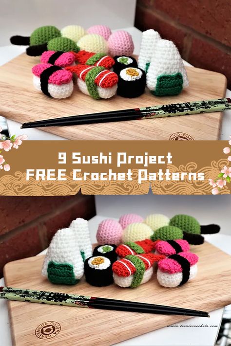 Discover a collection of 9 free crochet patterns for sushi projects. Get creative and enjoy making these adorable creations. #crochet #sushi Sushi Crochet Pattern, Sushi Crochet, Crochet Sushi, Roll Pencil Case, Crocheted Cow Pattern, Baby Dress Diy, Crochet Patterns Ideas, Handmade Wedding Gifts, Cozy Crochet Patterns