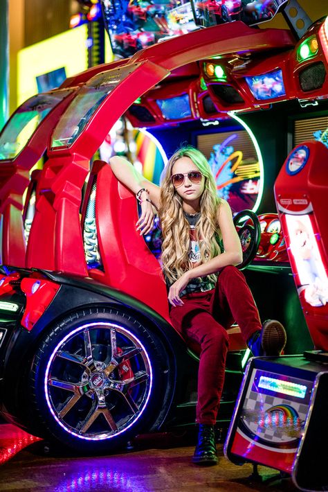 Arcade Teen Portraits-14 Race Car Game Edgy Epic Arcade Family Photoshoot, Arcade Senior Pictures, Arcade Portraits, Arcade Photography, Arcade Photoshoot, Indie Emo, 25th Bday, Car Game, Marina Laswick