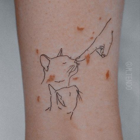 Small Unisex Matching Tattoos, Multiple Cats Tattoo, Tattoo Back Of Arm Above Elbow, Mini Tattoos Cat, 2 Cats Tattoo, Neurodivergent Tattoo, Cat Tatoos, Small Cat Tattoo, Cat Silhouette Tattoos