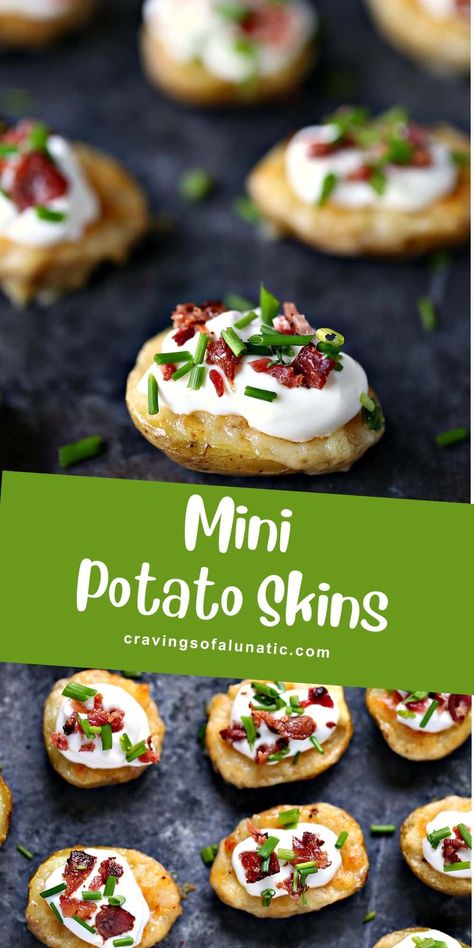 These Mini Potato Skins with Sour Cream, Bacon, and Chives are the perfect way to indulge your taste buds. They are ideal for parties and can be served as a side dish or appetizer. Mini Potato Skins, Tailgate Recipes, Fall Eats, Carnivore Recipes, Awesome Appetizers, Mini Potatoes, Food Innovation, Potato Skin, Tailgating Recipes