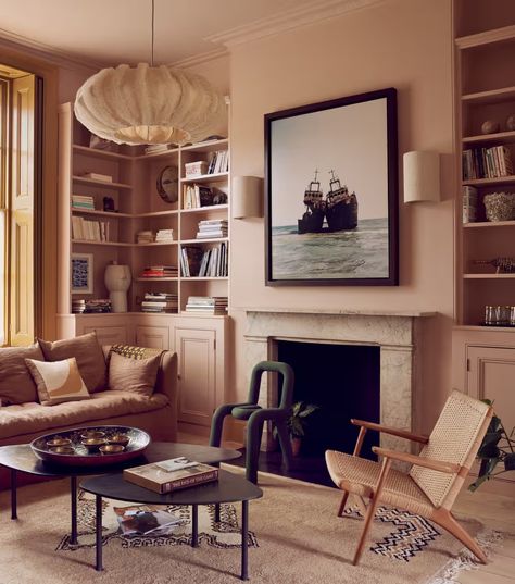 Shades of Jaipur and Marrakech inspire a reinvented family house in London | Interiors | The Guardian London Town House Interior, Setting Plaster Living Room, Plaster Living Room, Colour Drenching, Setting Plaster, London Interiors, London Living Room, Wegner Chair, House In London