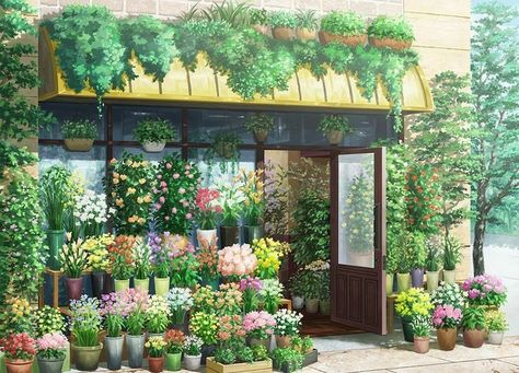 Flower Shop Concept Art, Anime Flower Shop, Fantasy Gardens, Building Reference, Environment References, Ghibli Aesthetic, Gacha Backgrounds, Building Drawing, Anime Backgrounds