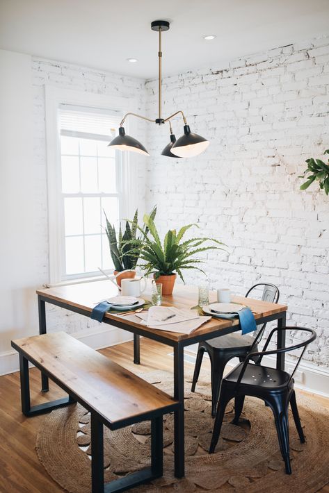 Brick Wall Dining Room, Boho Dining Room Decor, Row Home, White Brick Wall, Boho Dining Room, Retro Chandelier, White Wash Brick, Farmhouse Side Table, Cute Dorm Rooms