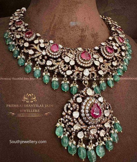 victorian polki necklace (1) Premraj Shantilal Jain Jewellers, Victorian Jewelry Necklace, Beaded Wedding Jewelry, Gold Haram, Bridal Jewelry Sets Brides, Indian Wedding Jewelry Sets, Neck Pieces Jewelry, Choker Necklace Designs, Fancy Jewelry Necklace