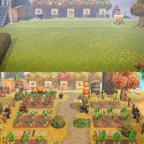 Acnh Island Farm Ideas, Acnh Island Designs Garden, Acnh Crops Farm Design, Acnh Community Garden Ideas, Farm Theme Animal Crossing, Acnh Farm Inspiration, Acnh Crop Design, Farm Design Acnh, Acnh Farm Ideas Codes