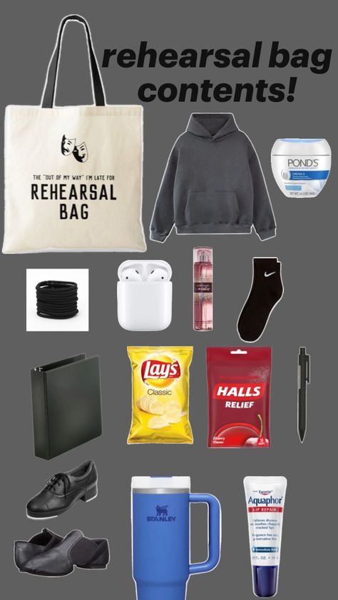 contents of a rehearsal bag Percy Jackson Costume, Musical Rehearsal, Theatre Rehearsals, Middle School Essentials, Theater Kid Problems, Acting Auditions, Theatre School, Artsy Aesthetic, Aesthetic Memes