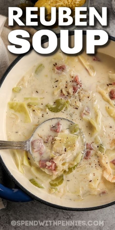 This yummy Reuben soup recipe has all the great taste of a Reuben sandwich, and is carb free to boot! Shredded cabbage, corned beef, and sauerkraut are cooked with caraway seeds, mustard, and other seasonings in a creamy broth with shredded Swiss. For non-keto diets, toss in potatoes, or serve with bread or croutons. Add tomatoes for flavor. Works great as a slow-cooked crock pot meal. #reubensoup #spendwithpennies #reubensouwithcabbage #reubensouprecipe Reuben Soup Recipe, Reuben Soup, Corned Beef Soup, Sauerkraut Soup, Shredded Cabbage, Corned Beef Recipes, Reuben Sandwich, Homemade Soup Recipe, Delicious Soup Recipes