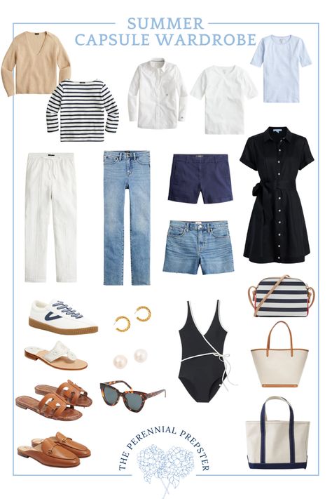 Classic Spring Summer Outfits, Classical Summer Outfits, Grandmillenial Capsule Wardrobe, Chic Summer Capsule Wardrobe, Nautical Capsule Wardrobe, Jcrew Summer 2023, Hamptons Style Aesthetic, California Classic Style, Preppy Wardrobe Aesthetic