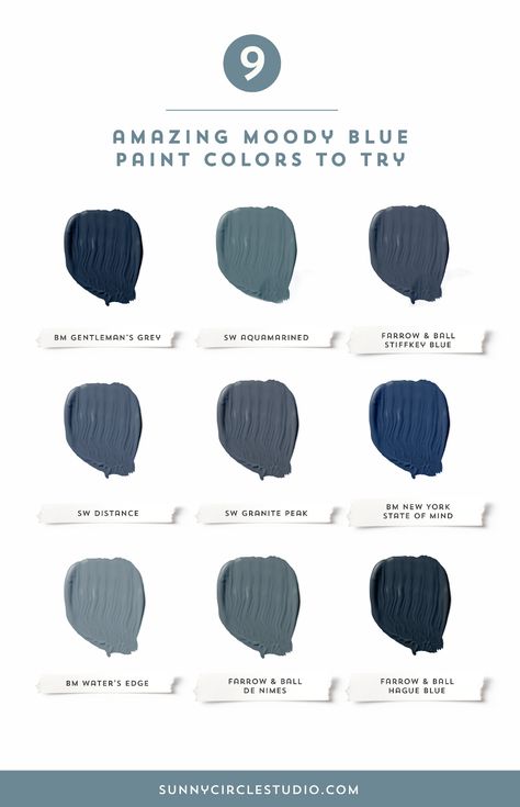 My go-to moody blue paint colors — Sunny Circle Studio Moody Blue Paint Colors, Moody Blue Paint, Dark Blue Grey Paint, Dark Blue Paint Color, Navy Paint Colors, Navy Blue Paint Colors, Navy Blue Paint, Blue Gray Paint Colors, Dark Blue Paint