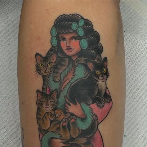 Anna Wall on Instagram: "Cat lady with cats styled to match her IRL kitties 🐱🐱🐱 Thanks, Ashley! #annawalltattoo #fistfullofmetaltattoo #pinuptattoo #catladytattoo #cattattoo #cattoo #seattletattoo" Cat Lady Tattoo, Cat Portrait Tattoos, Cats Tattoo, Seattle Tattoo, L Tattoo, Pin Up Tattoos, Wall Tattoo, Leg Tattoo, Three Cats