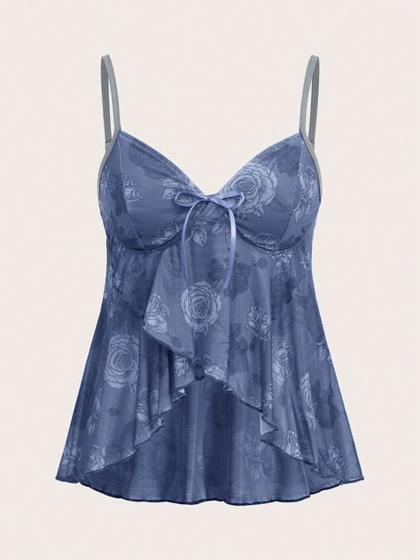 Women Asymmetrical Hem Rose Patterned Cami Top For Summer Blue Casual   Mesh Fabric Floral,Plants,All Over Print Cami Medium Stretch  Women Clothing, size features are:Bust: ,Length: ,Sleeve Length: Blue Top Aesthetic, Blue Outfits Aesthetic, Blue Clothes Aesthetic, Outfits Azul, Shein Clothes, Bleu Azur, Neue Outfits, Modieuze Outfits, Fabric Floral