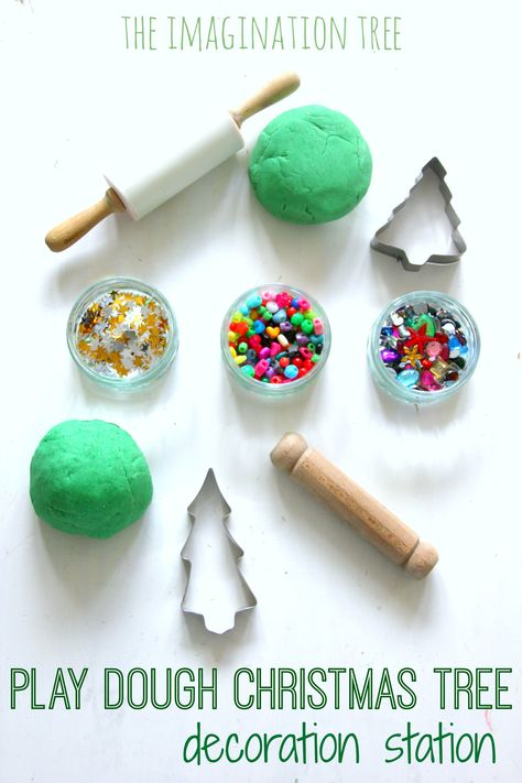 Play dough christmas tree decoration station christmas craft activity! Dough Christmas Tree, Play Dough Christmas, Toddler Christmas Tree, Kids Invitation, Fun Invitation, Imagination Tree, Tree Themes, Trees Christmas, Christmas Activities For Kids