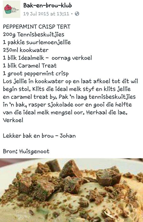 Peppermint crisp tert Peppermint Crisp Tert Resep, Peppermint Tert, Chocolate Biscuit Recipe, Peppermint Crisp Tart, Peppermint Crisp, Afrikaanse Resepte, Traditional Attires, Veg Dishes, Diy Jacket