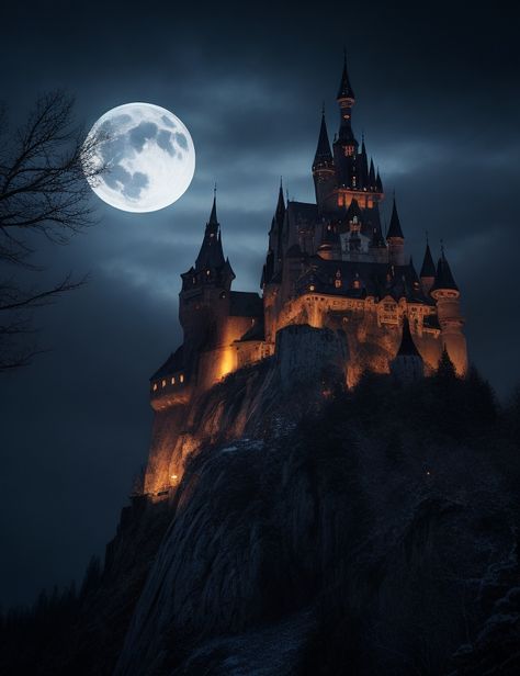 Dracula’s Castle in Transylvania. Click to get your art. Castles At Night, Dracula Castle Aesthetic, Dracula’s Castle, Castles Paintings, Dracula Mansion, Transylvania Aesthetic, Castlevania Castle, Dark Fantasy Castle, Evil Castle