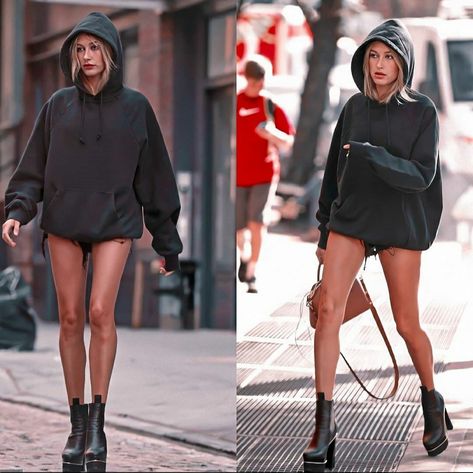 Hoodie With Heels Outfit, Hoodie And Heels Outfits, Hoodie With Heels, Heels Aesthetic, Street Outfits, Heels Outfits, Hailey Baldwin, Street Outfit, Fashion Inspo Outfits