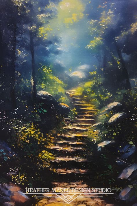 Transform your space with this captivating original painting of a stone pathway winding through a mystical forest. The vibrant colors and ethereal light create a sense of serenity and wonder, perfect for adding a touch of nature's beauty to your home decor. This piece is available as a physical print and digital download | Eclectic Decor | Cottagecore | Nature Aesthetic | Forest Aesthetic | Home Decor | Landscape | Enchanted Forest | Wallpaper Backgrounds | Lock screen Wallpaper Backgrounds Lock Screen, Nature Aesthetic Forest, Enchanted Forest Wallpaper, Forest Pathway, Cottagecore Nature, Hidden Forest, Ethereal Light, Forest Aesthetic, Aesthetic Forest