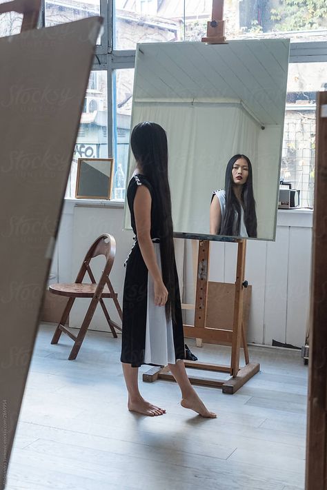 Seeing Yourself In The Mirror, Old Woman Looking In Mirror, Person Standing In Front Of Mirror, Woman Mirror Photography, Mirror Reflection Reference, Person In Front Of Mirror, Looking In A Mirror Reference, Mirror Reflection Drawing Reference, Looking In Mirror Pose