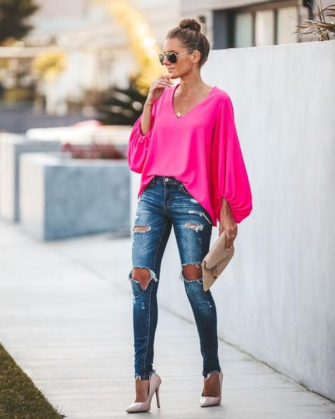 Hot Pink Outfit, Statement Tops, Fuschia Dress, Pink Punch, Balloon Sleeve Top, Balloon Sleeve Blouse, Stylish Blouse, Blouse Outfit, Pink Blouse