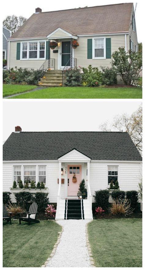 Exterior Curb Appeal-New Roof and Back Door - Nesting With Grace Uneven Windows Exterior, Front Porch Ideas Before And After, 1950 Home Exterior, Colored Doors On White Houses, Starter Home Landscaping, Small House Front Porch, Small House Curb Appeal, Flipped Houses, 40s House