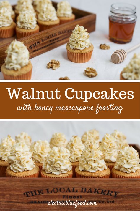 Walnut cupcakes with honey mascarpone frosting - Electric Blue Food - Kitchen stories from abroad Walnut Cupcakes, Honey Frosting, Honey Mascarpone, Honey Cupcakes, Cake Batter Recipes, Mascarpone Frosting, Cake Base, Simple Muffin Recipe, Walnut Recipes