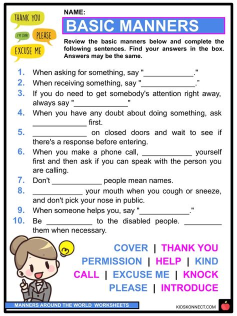 Manners Around the World Facts, Worksheets, Common & Unique for Kids Table Manners Activities For Kids, Manners Worksheets For Kids, Good Manners Worksheets For Kids, Manners Worksheet, Etiquette For Kids, Teaching Kids Manners, Manners Activities, World Facts, Preschool Assessment