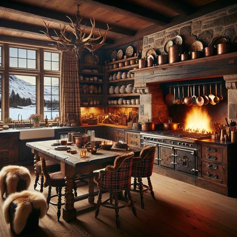 Experience a cozy cabin kitchen with a rustic wooden table, plaid chairs, a stone fireplace, and antique wood cabinets. Enjoy the winter view while cozying up in a reading nook by a faux fur rug. #CozyCabinKitchen #RusticWood #Fireplace #WinterCabin #ReadingNook #FauxFurRug Rustic Kitchen With Fireplace, Cozy Cabin In The Woods Interiors, Winter Cabin Kitchen, Cabins In The Woods Interior, Cozy Cabin Kitchen, Mountain Inspiration, Chalet Kitchen, Cabin Homes Interior, Kitchen With Fireplace