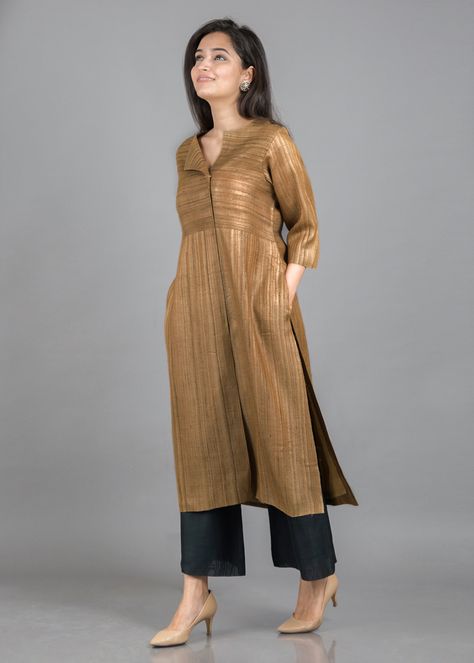 Gold Beige Handwoven Pure Kosa Silk Kurta with Flap Silk Kameez, Silk Kurti Designs, Silk Kurti, Ritu Kumar, Simple Kurta Designs, Designer Kurti Patterns, Simple Kurti Designs, Long Kurti Designs, Kurta Neck Design