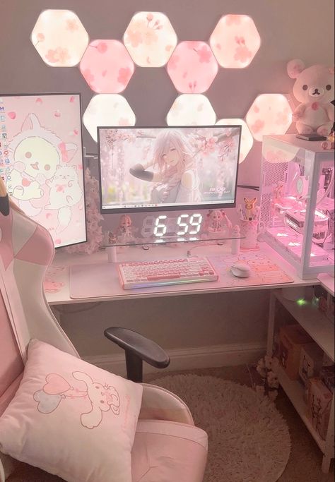 Cute Pc Setup, Kawaii Desk Setup, Room Ideas Gaming, Cute Gaming Setup, Kawaii Setup, Pink Gaming Setup, Aesthetic Setup, Setup Inspiration, Kawaii Room Ideas