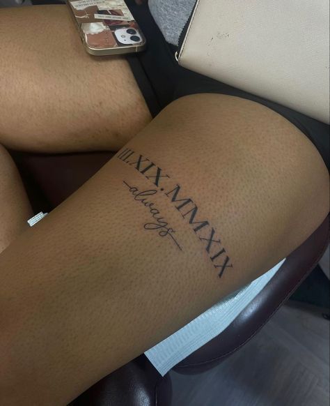 Short Writing Tattoo, I Did It My Way Tattoo, Thigh Tattoos Women Writing, Heaven Sent Tattoo, Leg Tattoo Ideas Female, Perspective Tattoos, Thigh Tattoo Quotes, Names Tattoo, Cute Thigh Tattoos