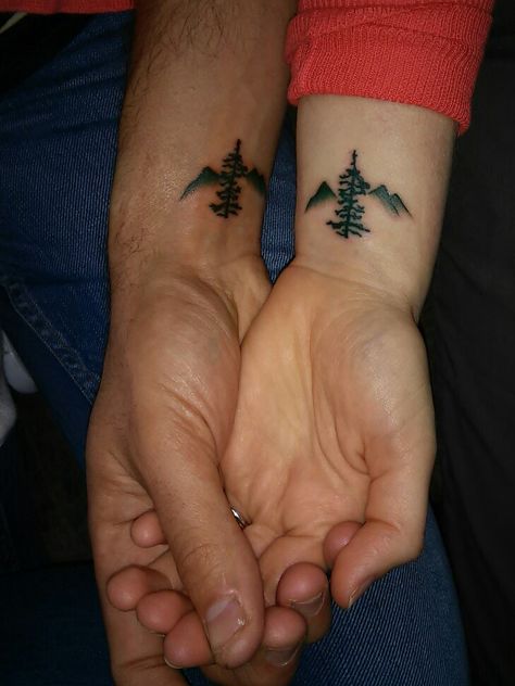 Oregon themed tattoo. #douglasfir #mountains #oregon #matchingtattoos Montana Themed Tattoo, Pnw Tattoo Oregon, Outdoor Couple Tattoos, Oregon Tattoo Ideas, Outdoor Tattoos, Washington Tattoo, Bestie Tats, Outdoor Tattoo, Oregon Tattoo