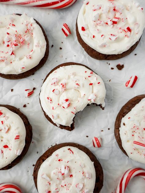 Frosted Peppermint Brownie Cookies Chocolate Cookies With Peppermint Frosting, Frosted Peppermint Brownie Cookies, Peppermint Swig Sugar Cookies, Peppermint Frosted Brownies, Cocoa Peppermint Cookies, Peppermint Cupcake Crumbl Cookie, Crumbl Peppermint Cookie, Peppermint Twist Cookies, Christmas Baking Peppermint