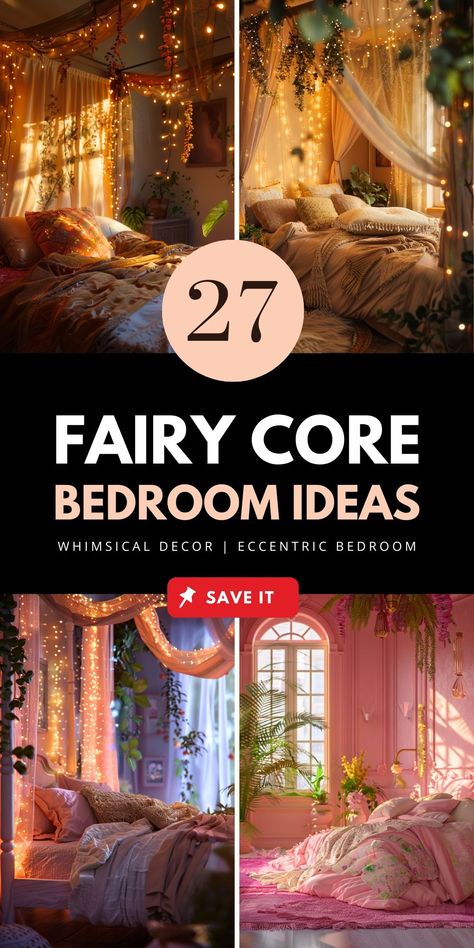 Transform your bedroom with cottagecore-inspired fairycore decor. Add aesthetic pink hues, DIY accessories, and cozy accents for a dreamy vibe. Perfect for whimsical small spaces or grunge-style modern rooms. Save this pin for more ideas and decor inspiration! Whimsical Bedroom Kids, Magical Bedroom Ideas For Adults, Fairycore Bedroom Ideas, Vintage Princess Aesthetic Bedroom, Garden Bedroom Ideas, Eccentric Bedroom, Fairy Core Bedroom, Forest Bedroom Ideas, Enchanted Bedroom Ideas