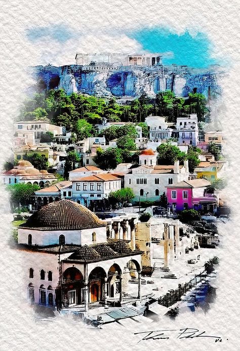 Athens City, Mixed Media Watercolor, City Painting, Sketches Art, Athens Greece, Art Mixed Media, Athens, Watercolor Art, Greece