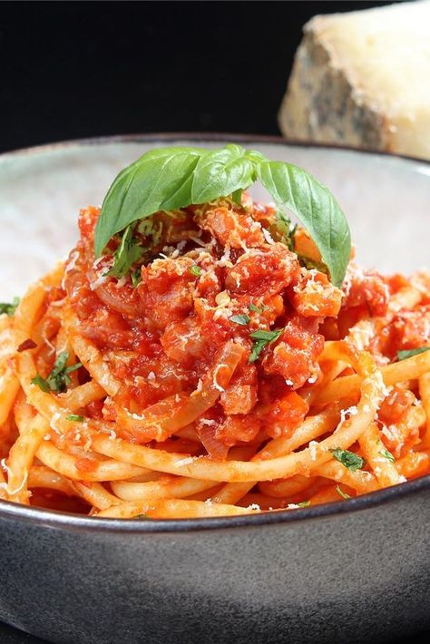 Bucatini All'Amatriciana | "Great flavors and easy to make! I love the serving size for two, it was perfect. This is a recipe that delivers a great range of flavors and in such a short amount of time." #pasta #pastarecipes #pastainspiration Meal Ideas For 2, Amatriciana Recipe, Bucatini Pasta, All Amatriciana, Spicy Seasoning, Best Italian Recipes, Signature Dishes, Cuisine Recipes, Noodle Dishes