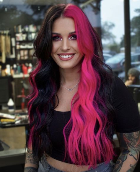 Hair Color Placement, Dark Hair Dye, Stylish Hair Colors, Edgy Hair Color, Color Block Hair, Pink And Black Hair, Two Toned Hair, Mermaid Hair Color, Split Dyed Hair